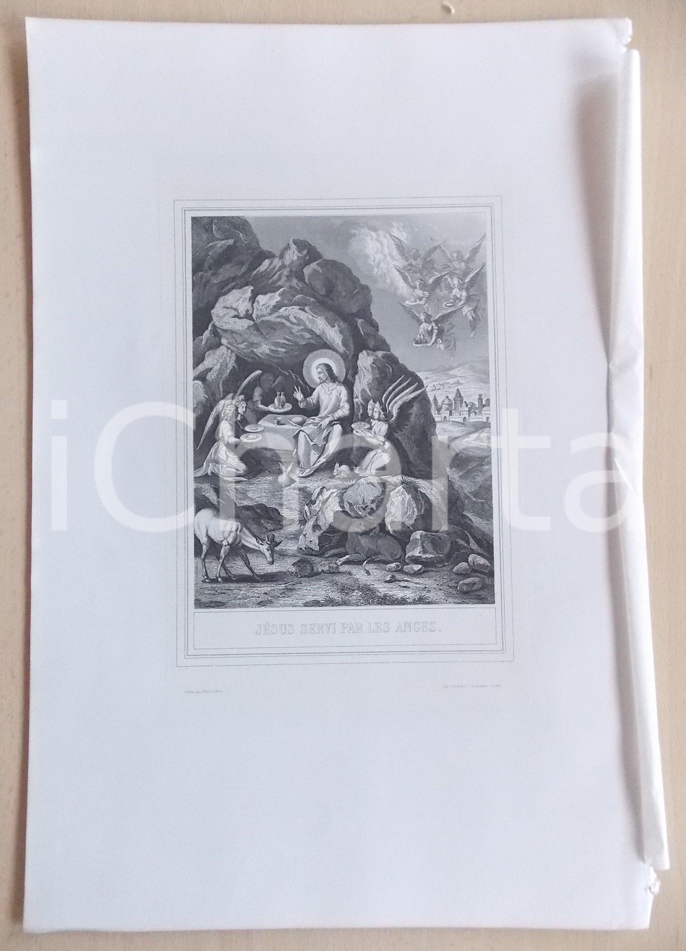 Stampa, bozzetto originale 1853 VIE DE N. S. JESUS CHRIST JÃ©sus servi par les anges Gravure 28 x 42 1
