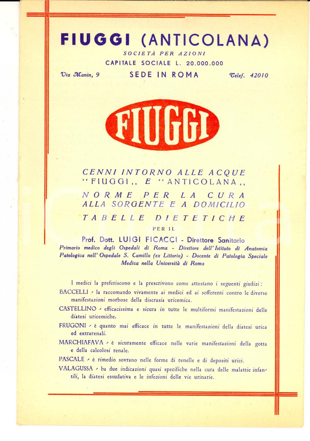 Materiale pubblicitario d’epoca 1952 FIUGGI FR Cure con le acque FIUGGI e Anticolana Pubblicitario 15x22 1