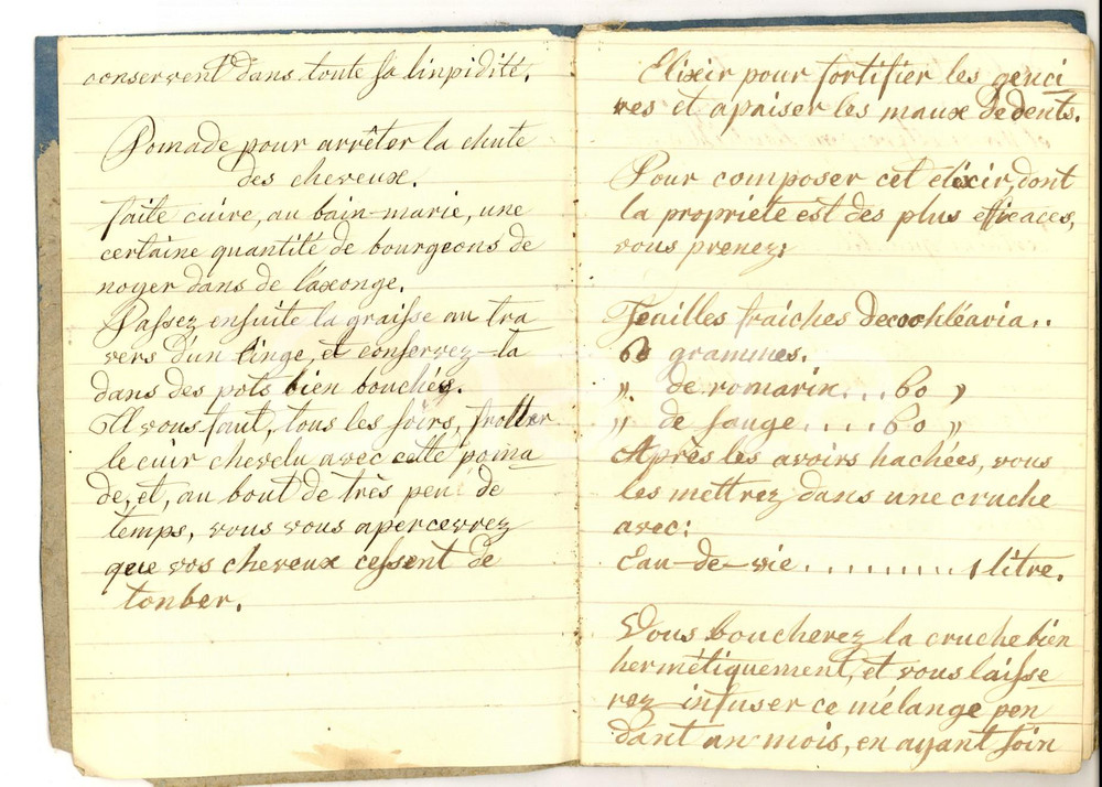 Oggetto da collezione cartaceo 1900 ca Segreti della VITA DOMESTICA Quaderno manoscritto FRANCESE 26 pp. 1