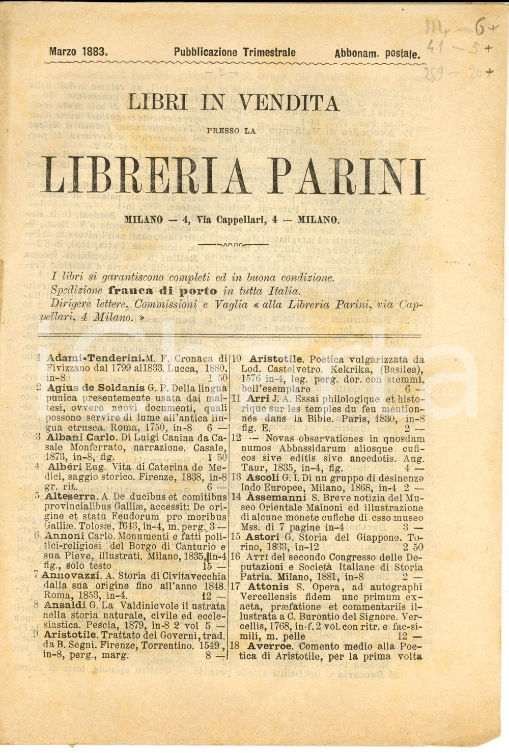 Libro, pubblicazione d epoca Marzo 1883 MILANO Via CAPPELLARI Catalogo libreria PARINI  Libri in vendita 1