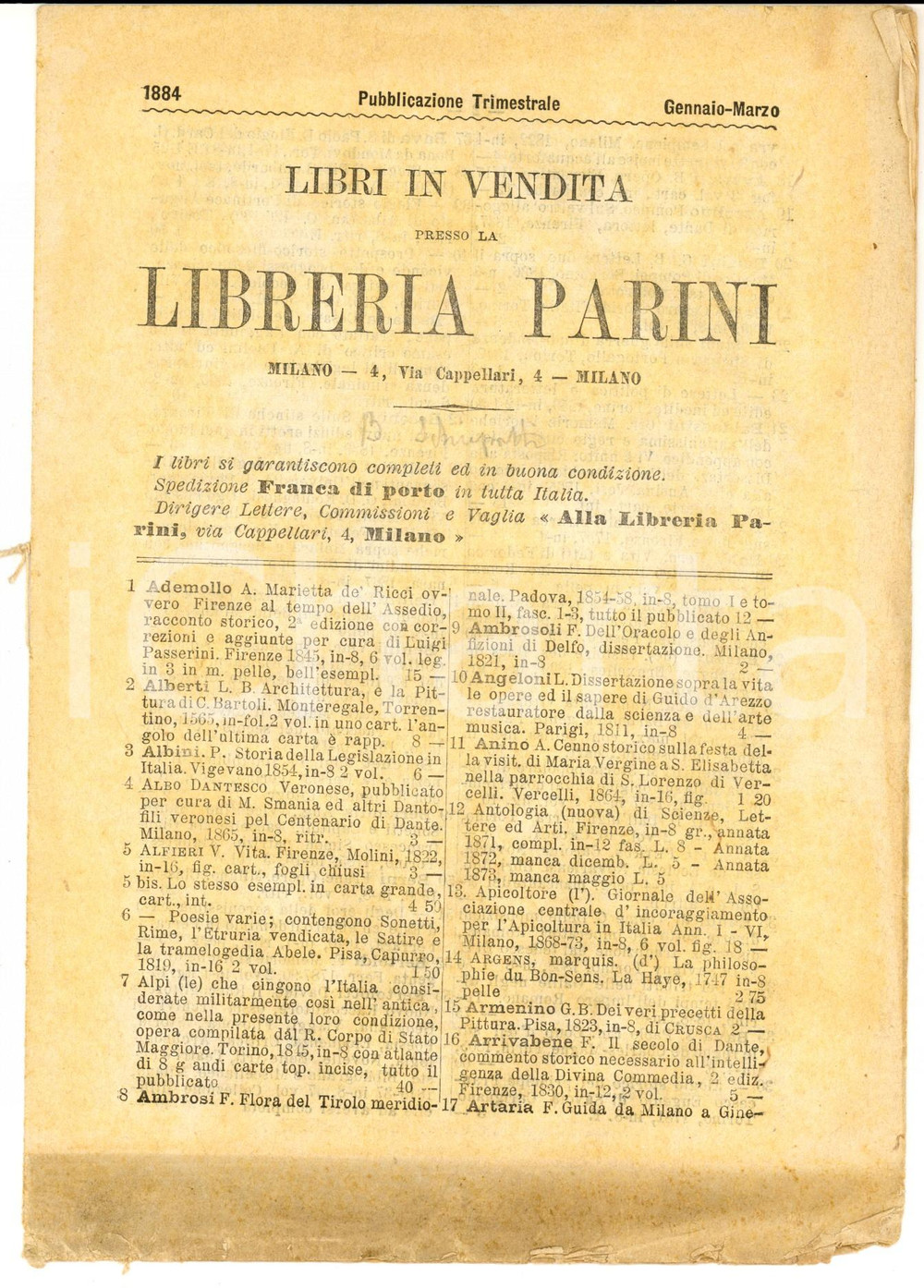 Libro, pubblicazione d epoca GennaioMarzo 1884 MILANO Catalogo libreria PARINI  Libri in vendita 1