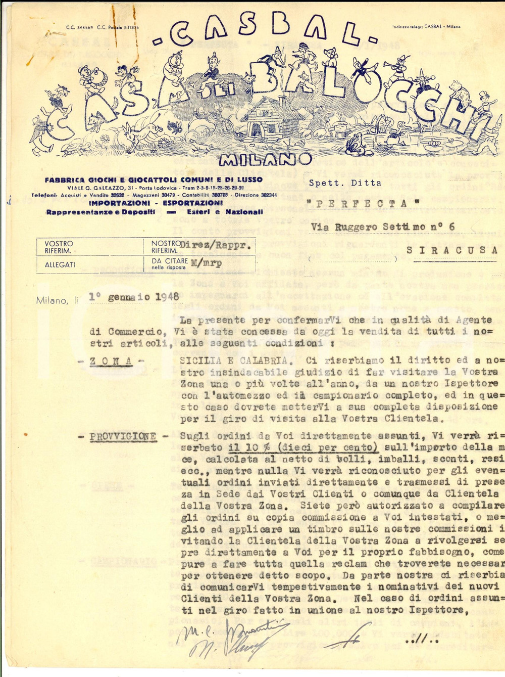Manoscritto, lettera originale 1948 MILANO CASA DEI BALOCCHI Lettera concessione agente ditta PERFECTA 1