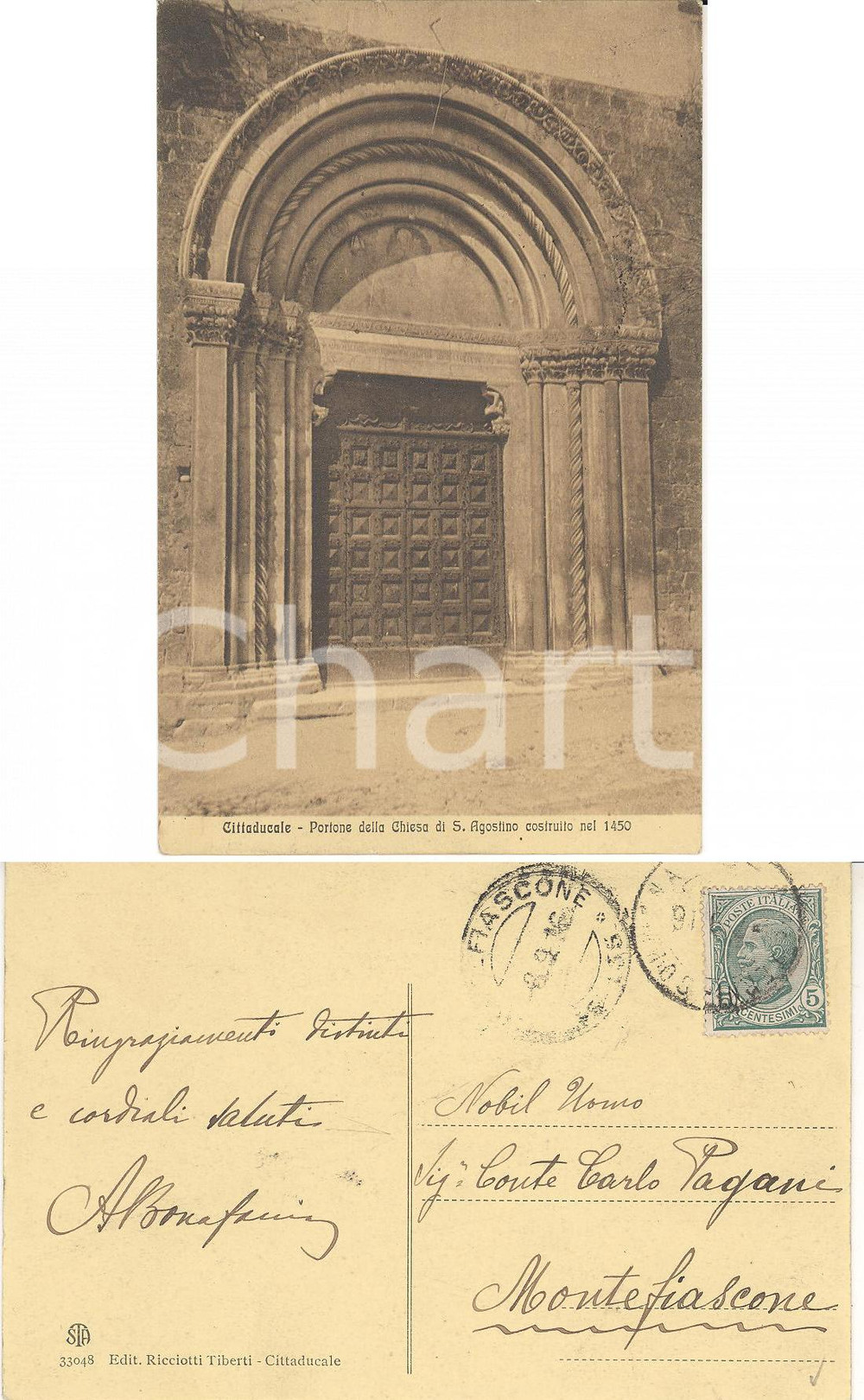 Autografo originale 1916 CITTADUCALE RI Portone chiesa SANT AGOSTINO Autografo Augusto BONAFACCIA 1