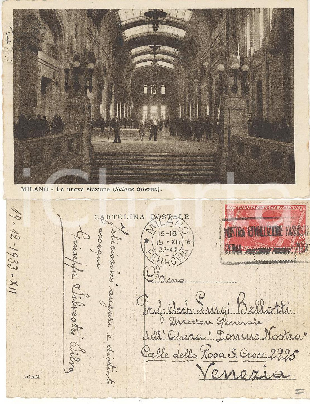 Autografo originale 1933 MILANO Nuova stazione Cartolina Giuseppe SILVESTRI SILVA a Luigi BELLOTTI 1