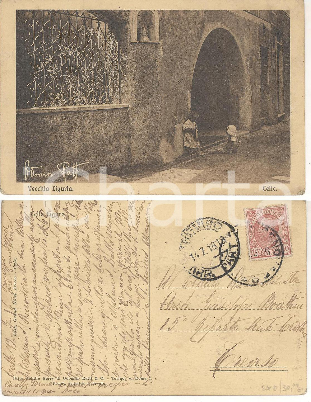 Cartolina originale da collezione 1916 CELLE LIGURE Bambini nella vecchia Liguria Cartolina a Giuseppe BOATTINI 1