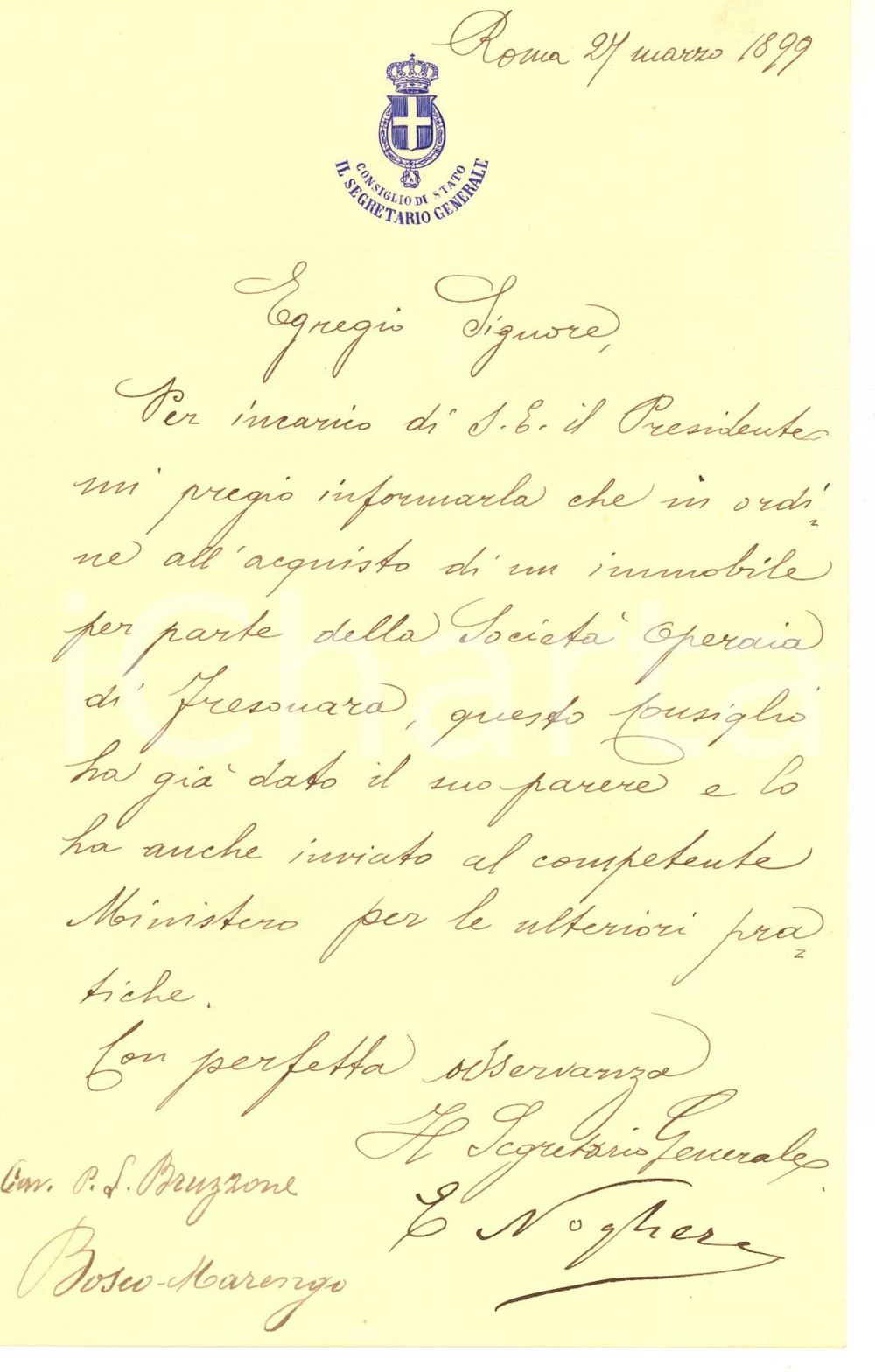 Autografo originale 1899 ROMA Eugenio NOGHERA su acquisto immobile SocietÃ  Operaia Autografo 1