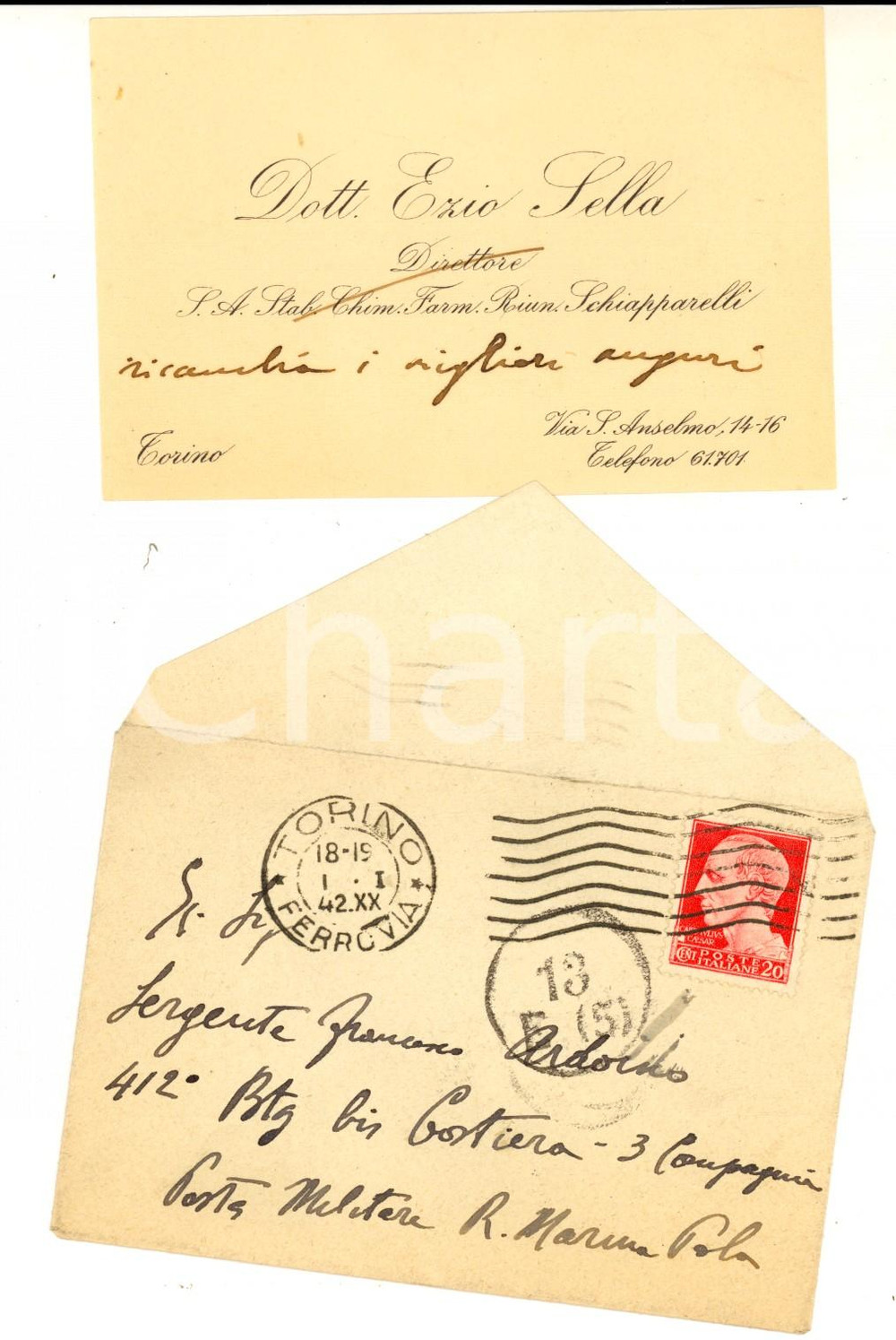 Autografo originale 1942 TORINO Ezio SELLA Direttore SCHIAPPARELLI Biglietto da visita Autografo 1