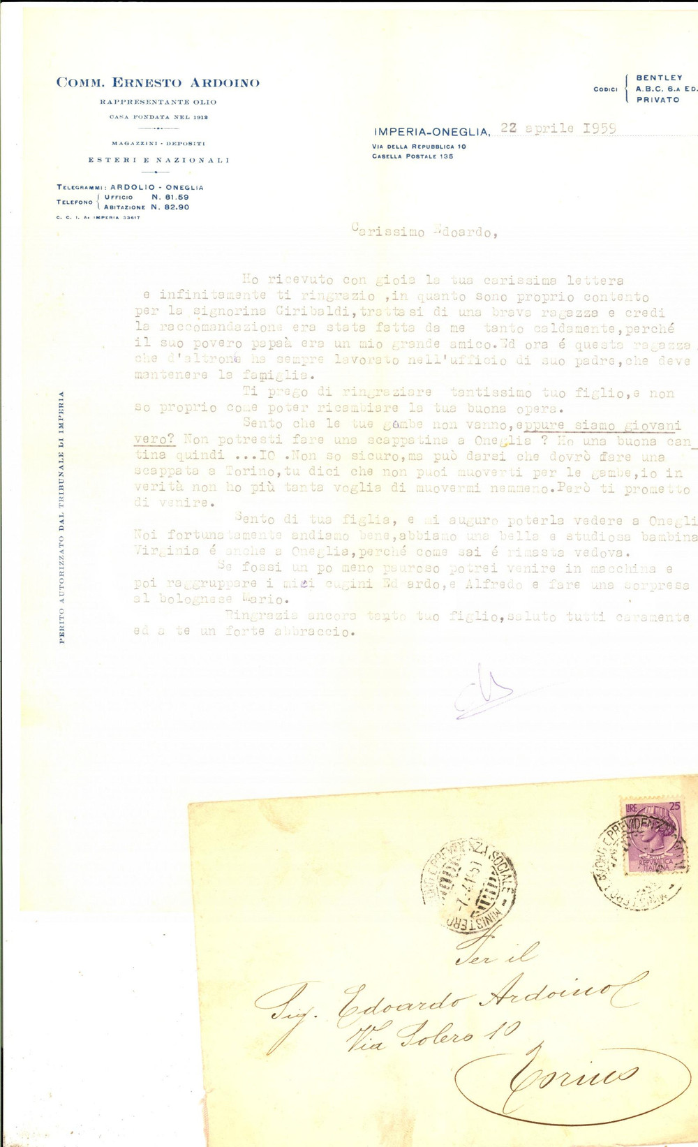 Manoscritto, lettera originale 1959 IMPERIA ONEGLIA Lettera familiare Ernesto ARDOINO rappresentante olio 1