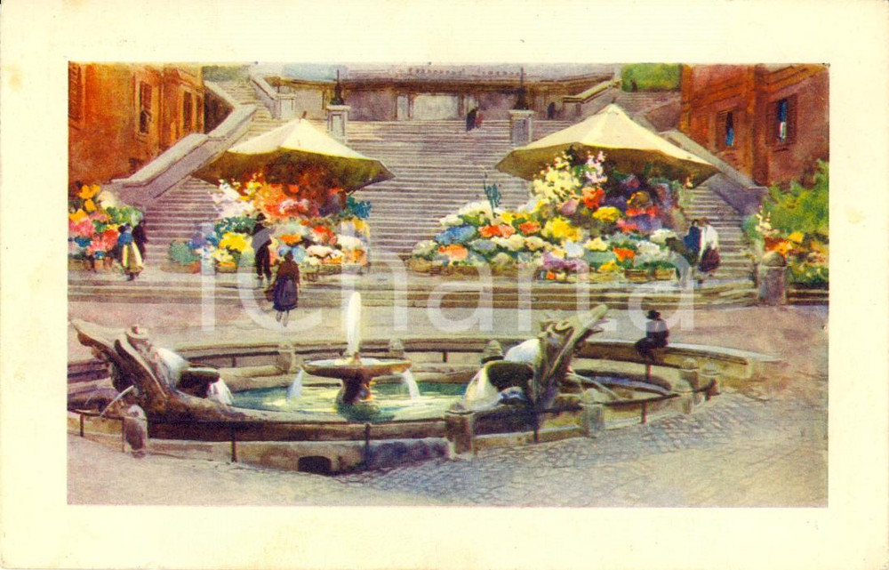 Cartolina originale da collezione 1933 ROMA Mercato fiori in Piazza di SPAGNA e fontana BARCACCIA Cartolina FP VG 1