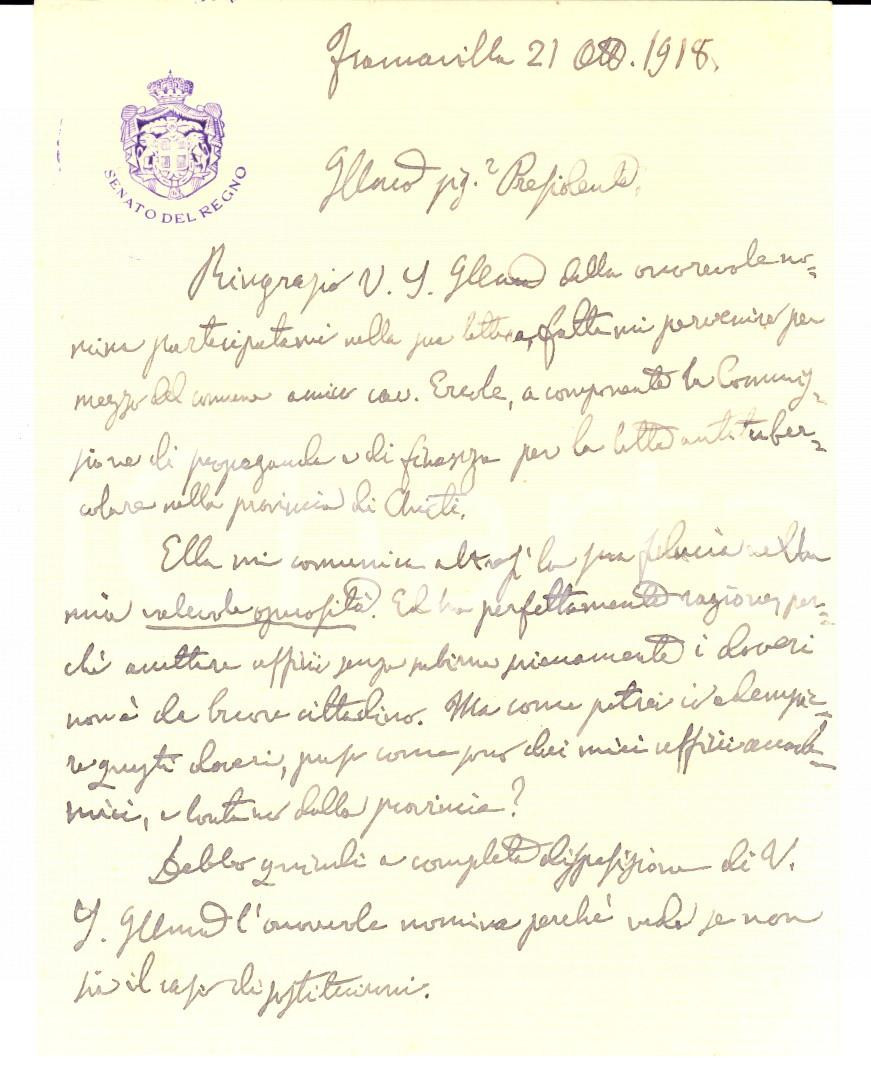 Autografo originale 1918 Accettare uffici Ã¨ subirne i doveri Autografo sen. Nicola SPACCAPIETRA 1