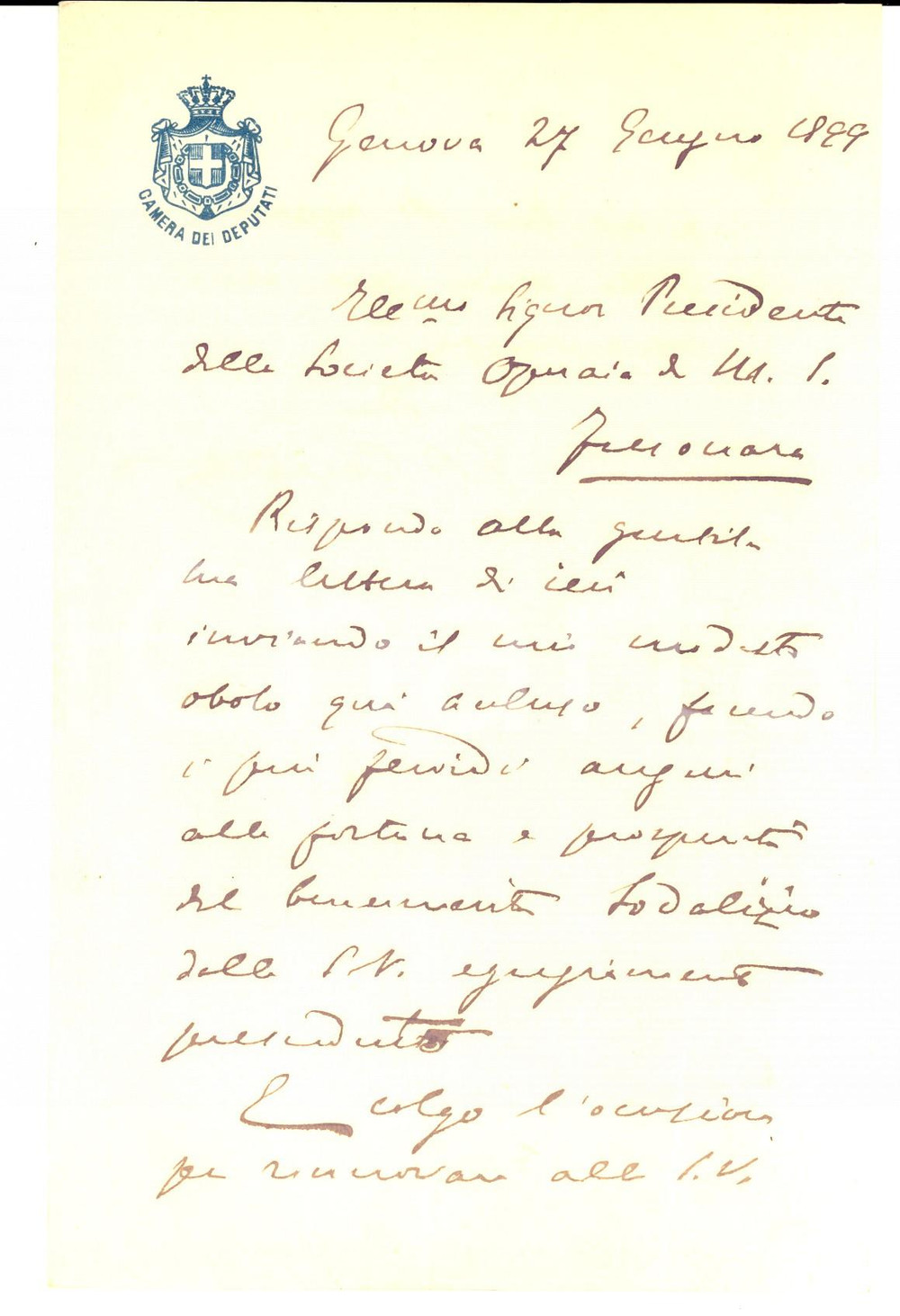 Autografo originale 1899 GENOVA Offerta di Giovanni Battista CERESETO a societÃ  operaia Autografo 1