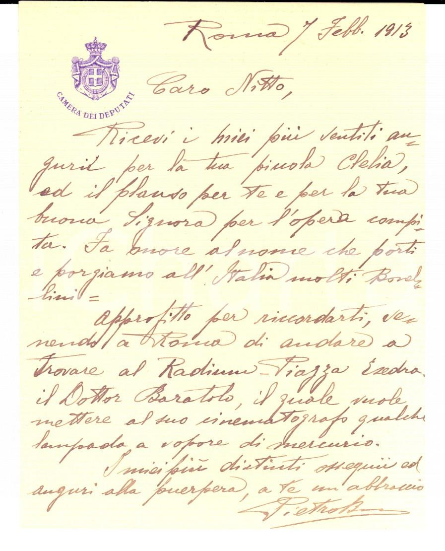 Autografo originale 1913 ROMA On. Pietro BERTARELLI a ing. Benedetto BONELLI per nascita Autografo 1
