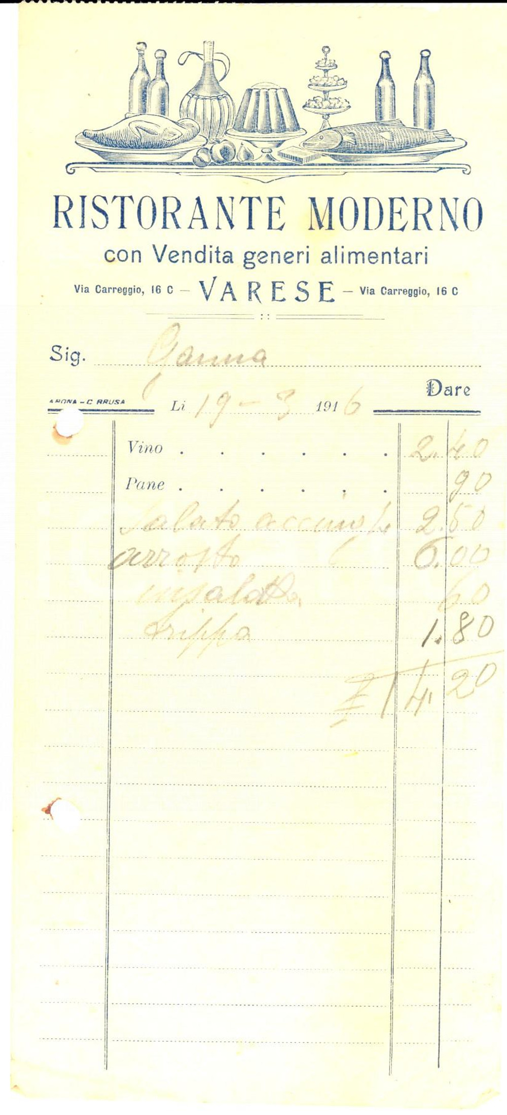 Materiale pubblicitario d’epoca 1916 VARESE Ristorante moderno con alimentari Ricevuta intestata 1