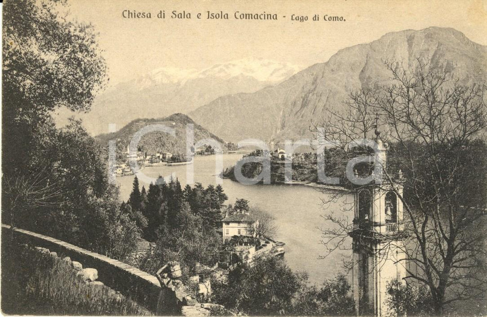 Cartolina originale da collezione 1918 SALA COMACINA CO Veduta chiesa e isola sul Lago di COMO Cartolina FP VG 1