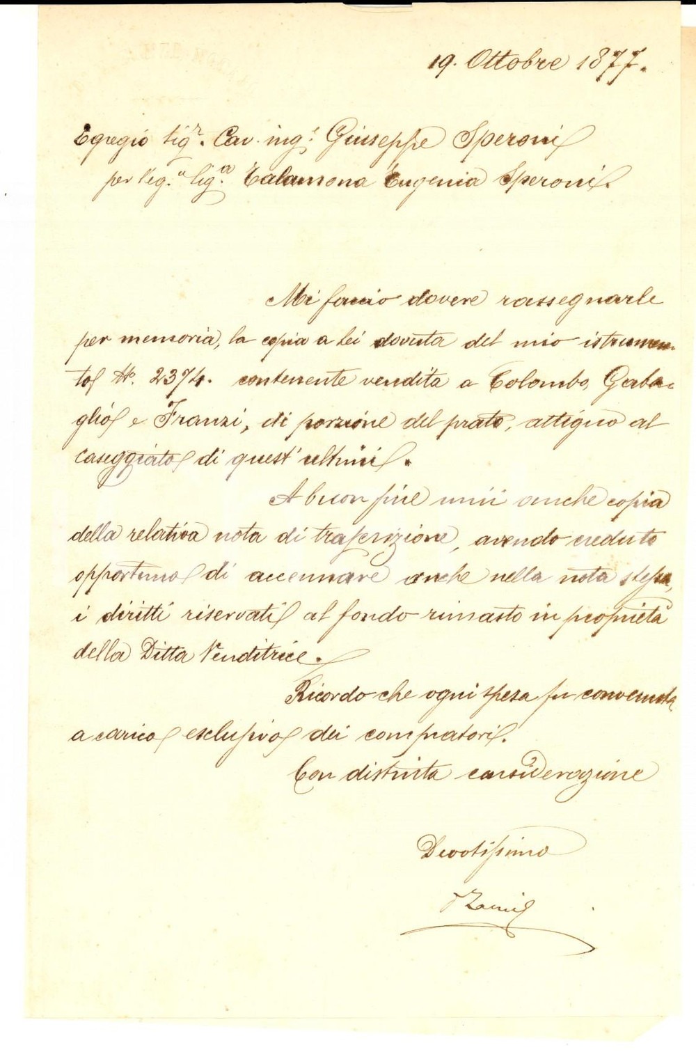 Documento originale, autentico 1877 VARESE Notaio E. ZANZI su istrumento COLOMBO e FRANZI Lettera 1