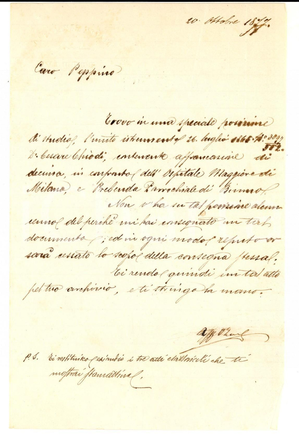 Documento originale, autentico 1877 VARESE Notaio E. ZANZI su istrumento Ospedale Maggiore di Milano Lettera 1