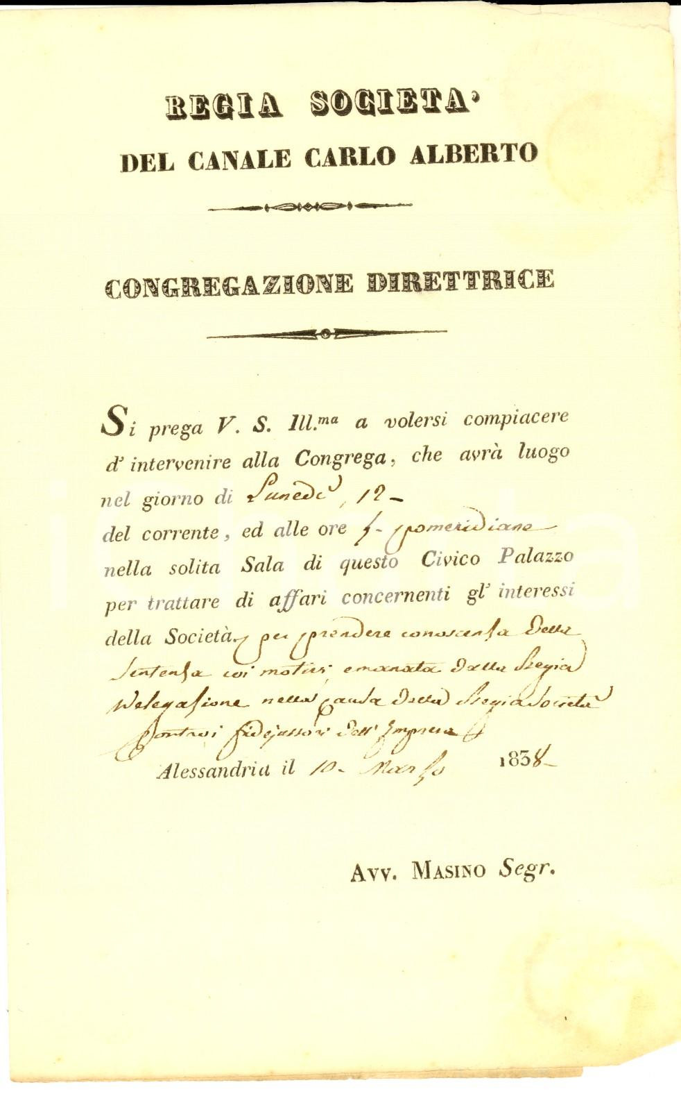 Documento originale, autentico 1838 ALESSANDRIA Regia SocietÃ  del Canale CARLO ALBERTO Convocazione congrega 1