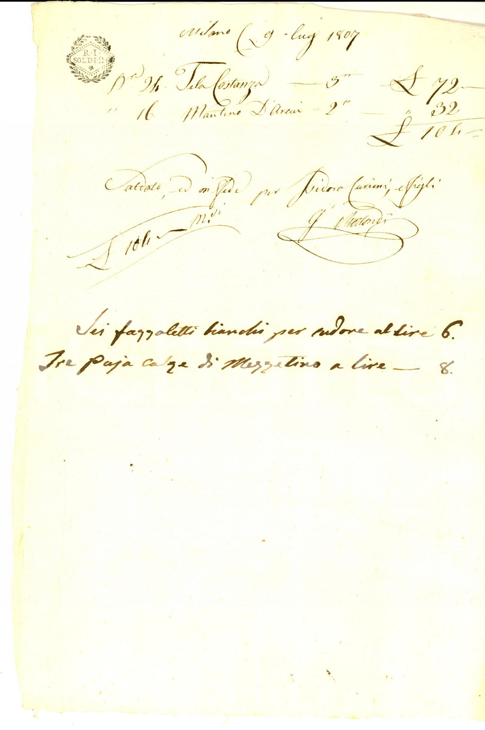 Documento originale, autentico 1807 MILANO Conto mercante ROTTONDI per tela costanza e fazzoletti manoscritto 1