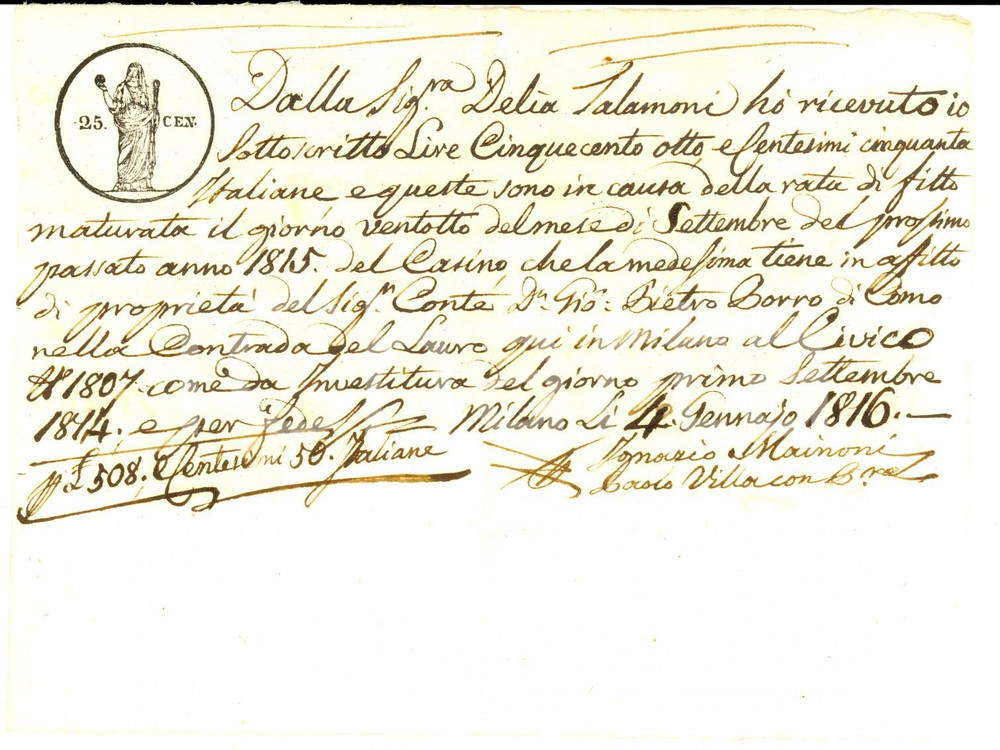 Documento originale, autentico 1816 MILANO Ricevuta a Delia TALAMONI per fitto casino conte Pietro BORRO 1