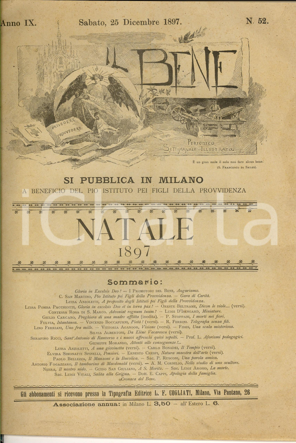 Documento originale, autentico NATALE 1897 MILANO IL BENE Rivista pro Pio Istituto Figli della Provvidenza n°52 1