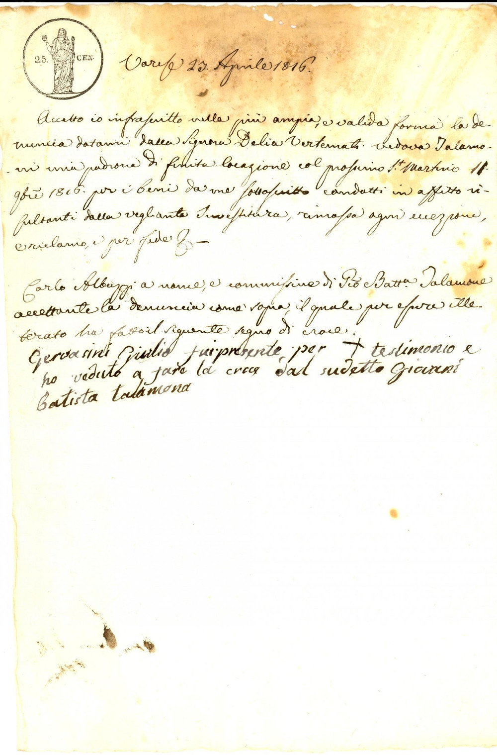 Documento originale, autentico 1816 VARESE Denuncia di finita locazione per Delia VERTEMATI TALAMONA 1