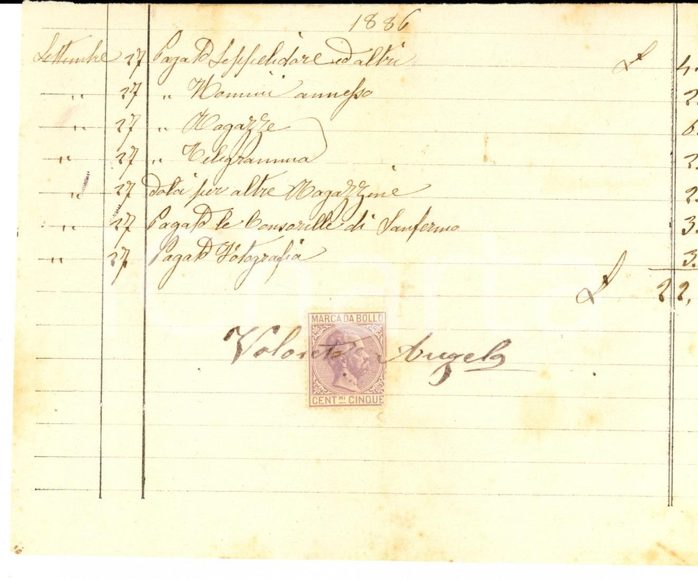 1886 VARESE Ricevuta di Angelo VALORETO per lavoranti pagati *Manoscritta