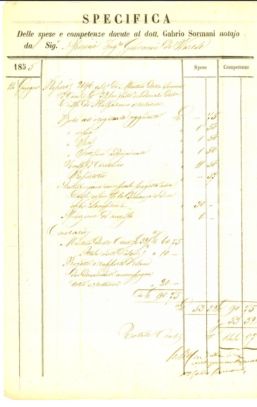 Documento originale, autentico 1855 VARESE Parcella del notaio Gabrio SORMANI all ing. Giovanni SPERONI 1