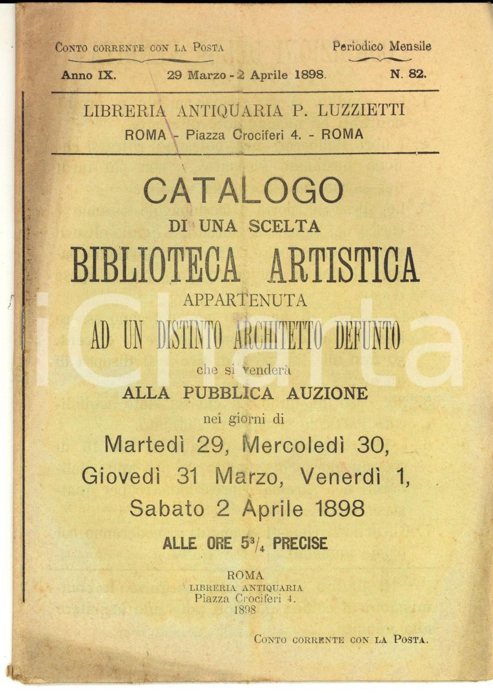 Libro, pubblicazione d epoca 1898 ROMA Libreria LUZZIETTI Catalogo biblioteca di un distinto architetto 1