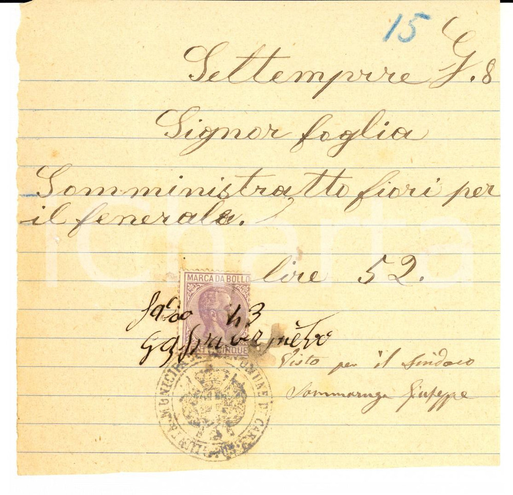 Documento originale, autentico 1880 ca VARESE Ricevuta Pietro GASPARE Fornitura di fiori per un funerale 1
