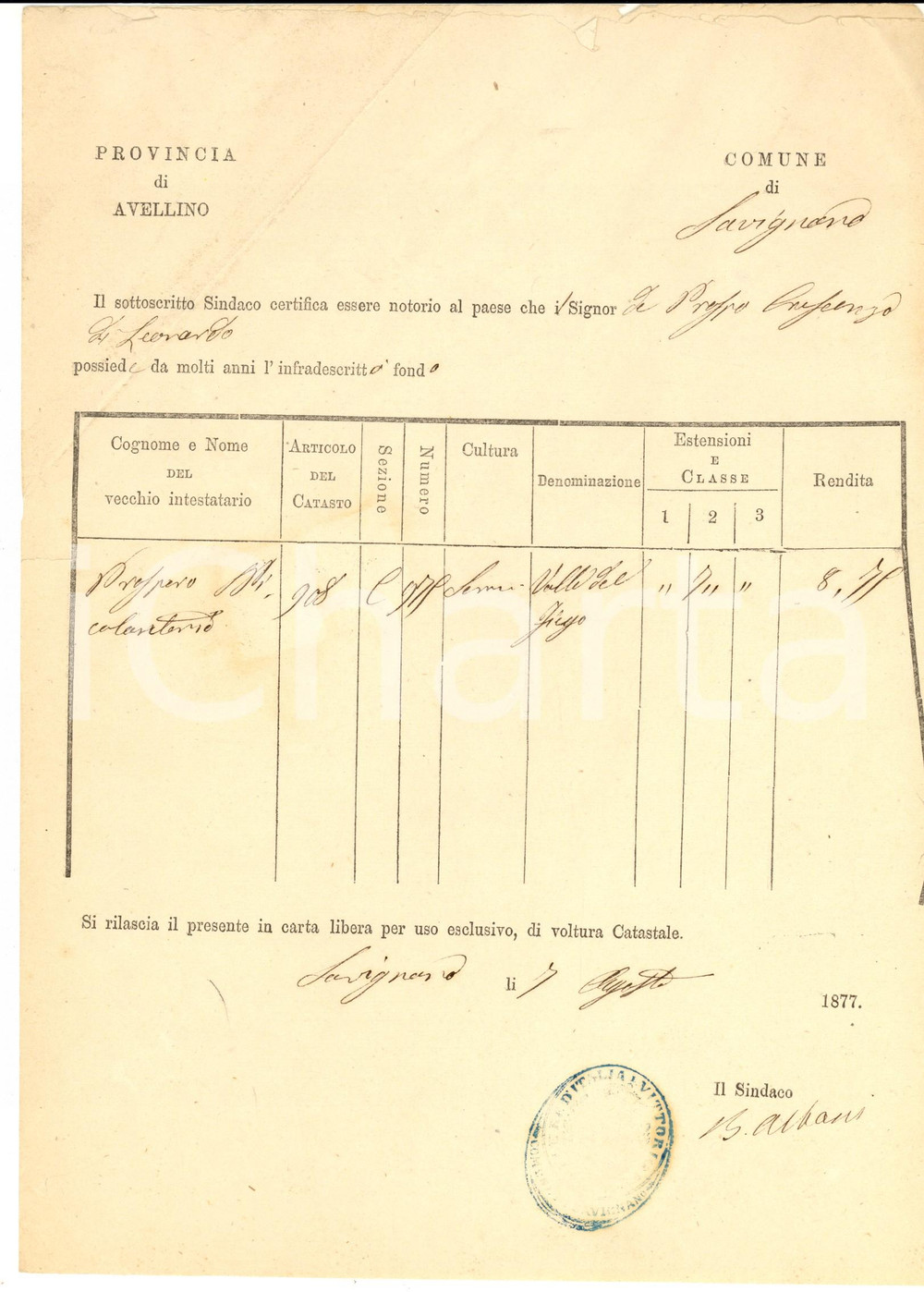 Documento originale, autentico 1877 SAVIGNANO IRPINO AV Certificato Crescenzo DE PREZZO possesso di fondo 1