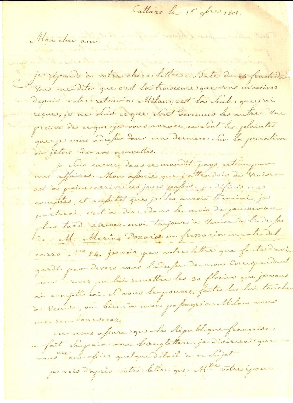 Autografo originale 1801 CATTARO Sono ancora in questo maledetto paese Autografo Adrien DUPRÃ‰ 1