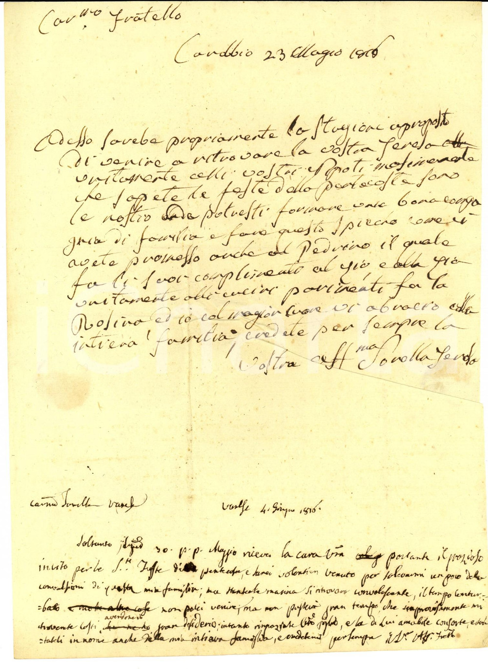 Manoscritto, lettera originale 1816 CAROBBIO DEGLI ANGELI BG Teresa SPERONI chiede visita al fratello Giuseppe 1