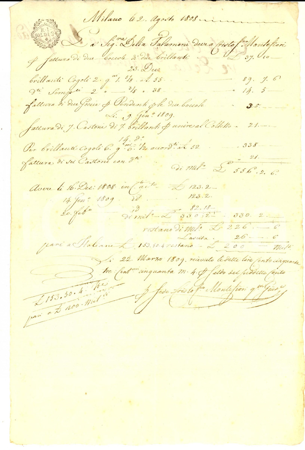 Documento originale, autentico 1808 MILANO Conto del gioielliere Cristoforo MONTEFIORI a Delia TALAMONI 1