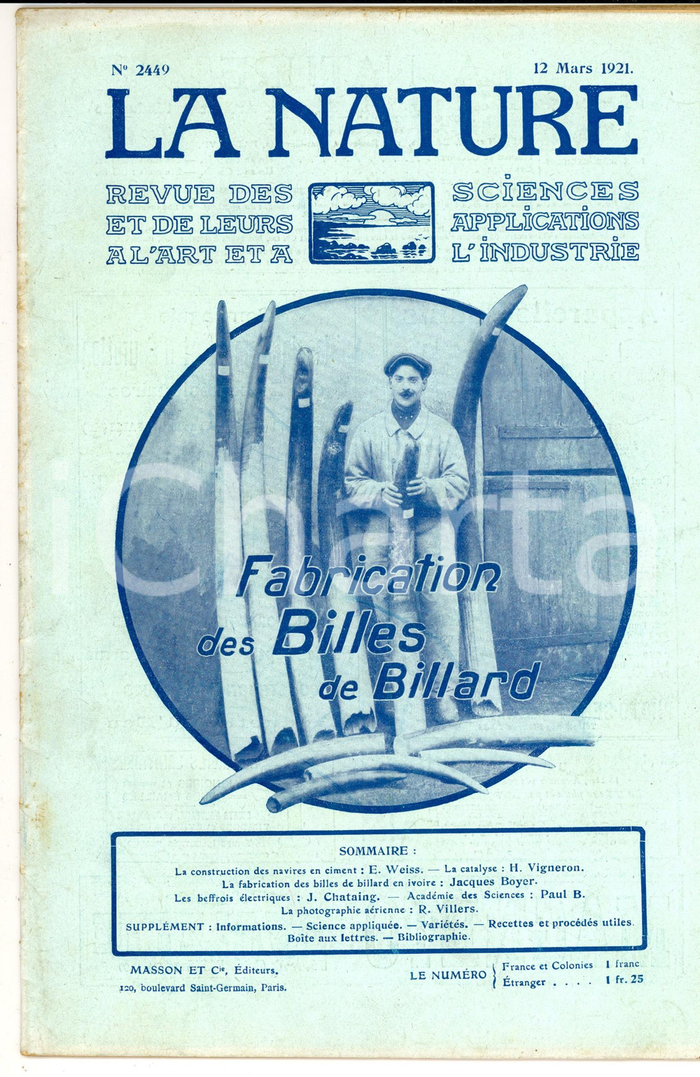 Giornale, rivista storica 1921 LA NATURE Fabrication des billes de billard Revue ILLUSTREE SCIENCE nÂ°2449 1