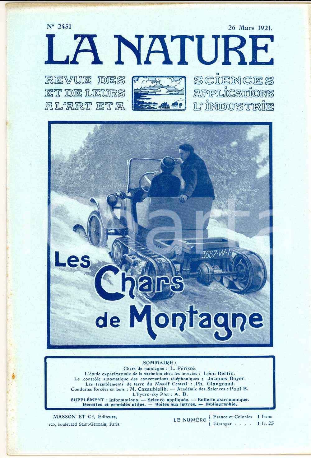 Giornale, rivista storica 1921 LA NATURE Les chars de montagne Revue ILLUSTREE SCIENCE nÂ°2451 1