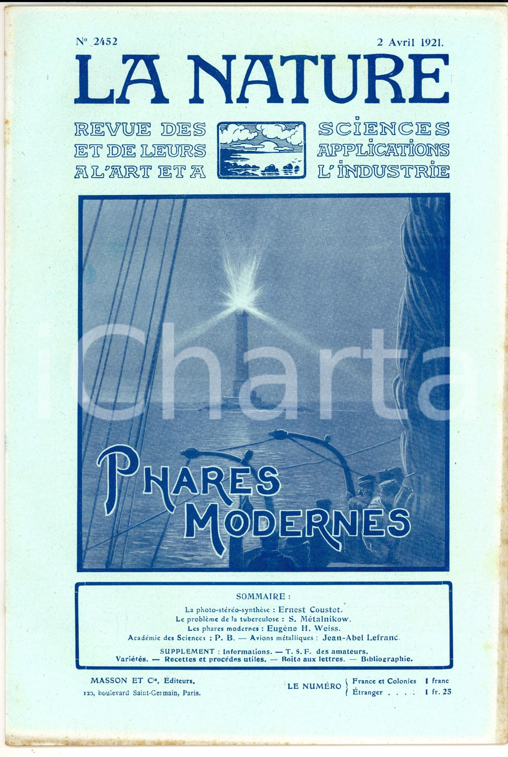 Giornale, rivista storica 1921 LA NATURE Phares modernes  Tuberculose Revue ILLUSTREE SCIENCE nÂ° 2452 1