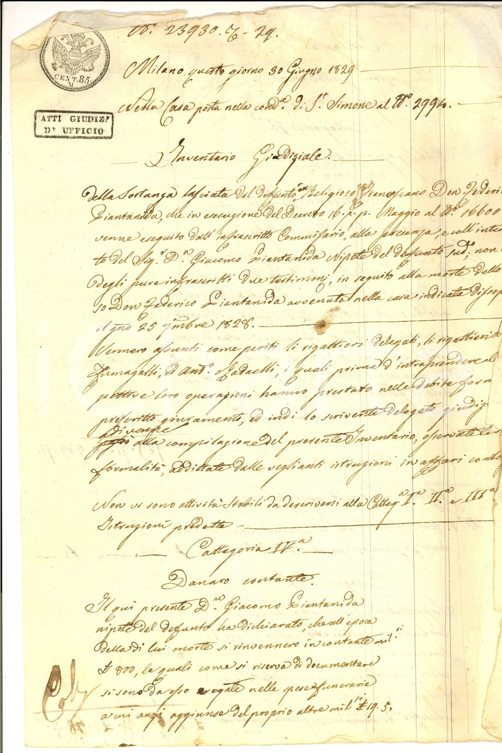 Documento originale, autentico 1829 MILANO Inventario ereditÃ  lasciata da don Federico PIANTANIDA Manoscritto 1