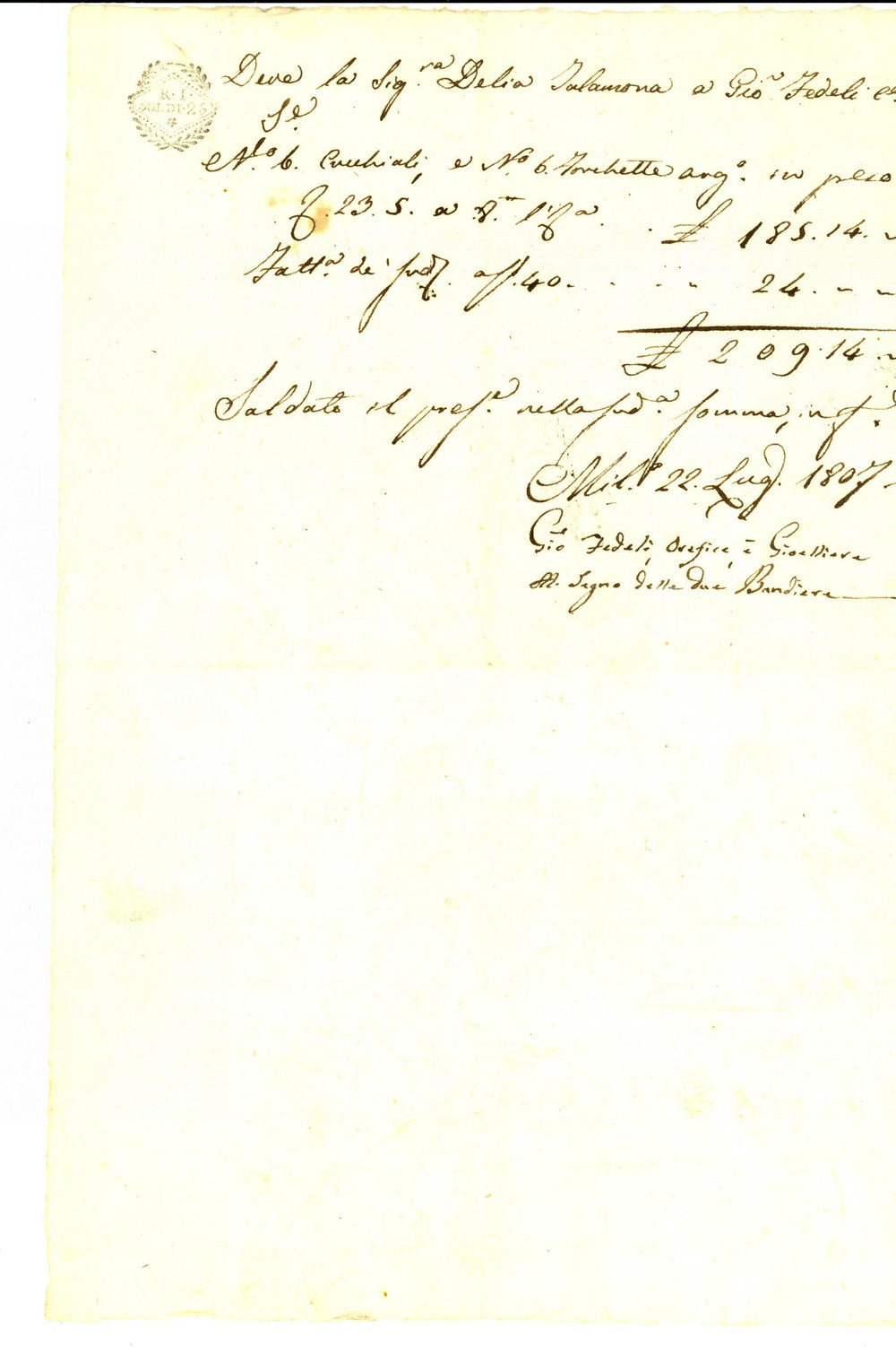 Documento originale, autentico 1807 MILANO Conto del gioielliere e orefice Giovanni FEDELI a Delia TALAMONI 1