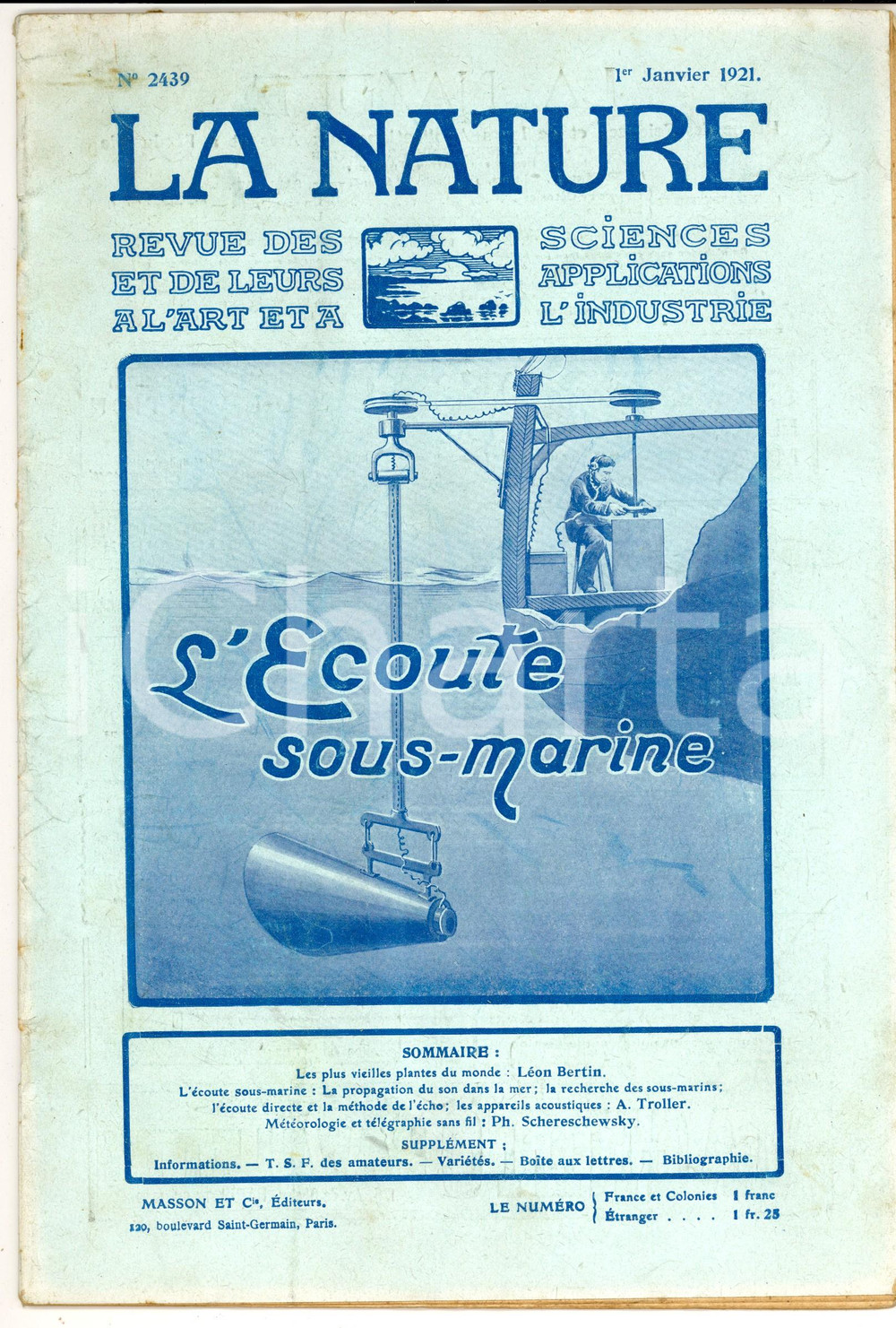 Giornale, rivista storica 1921 LA NATURE L Ecoute sousmarine Revue ILLUSTREE SCIENCE nÂ°2439 1