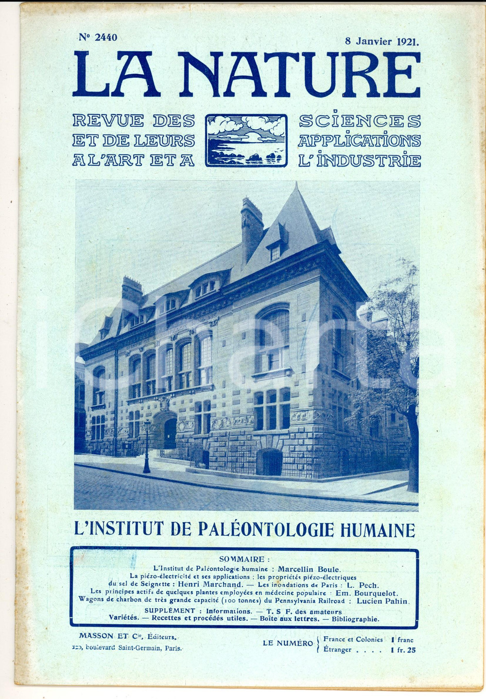 Giornale, rivista storica 1921 LA NATURE Institut de Paléontologie humaine Revue ILLUSTREE SCIENCE n°2440 1