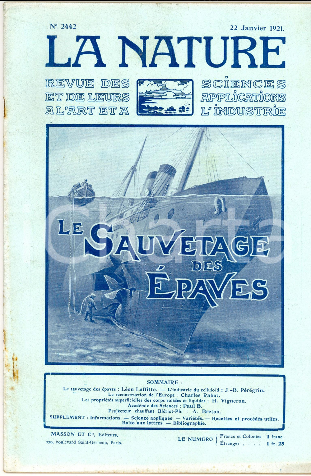Giornale, rivista storica 1921 LA NATURE Le sauvetage des Ã©paves Revue ILLUSTREE SCIENCE nÂ°2442 1