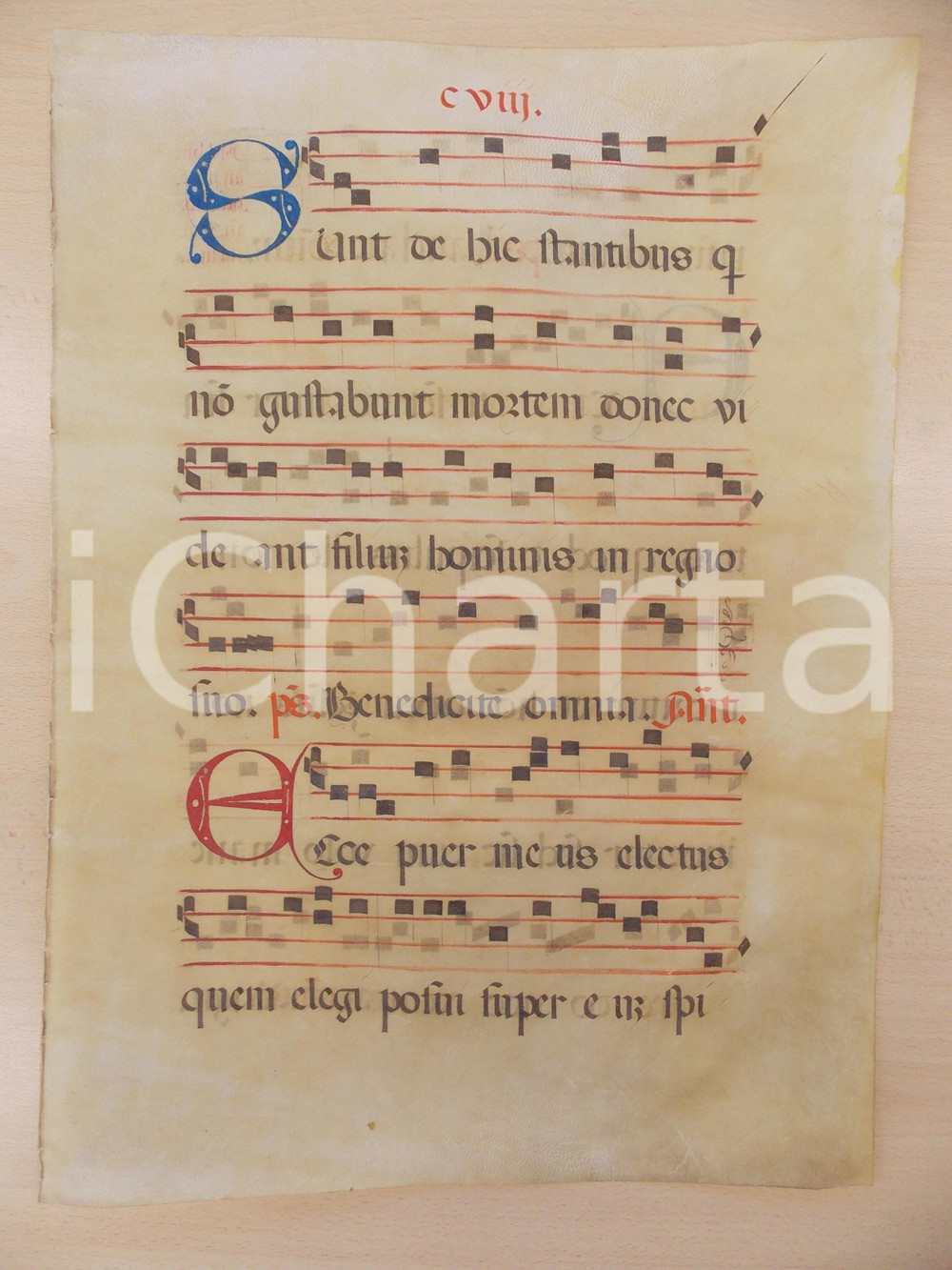 Libro, pubblicazione d epoca 1600 ca ANTIFONARIO ROMANO Pergamena manoscritta rosso nero blu Salmo ECCE PUER 1