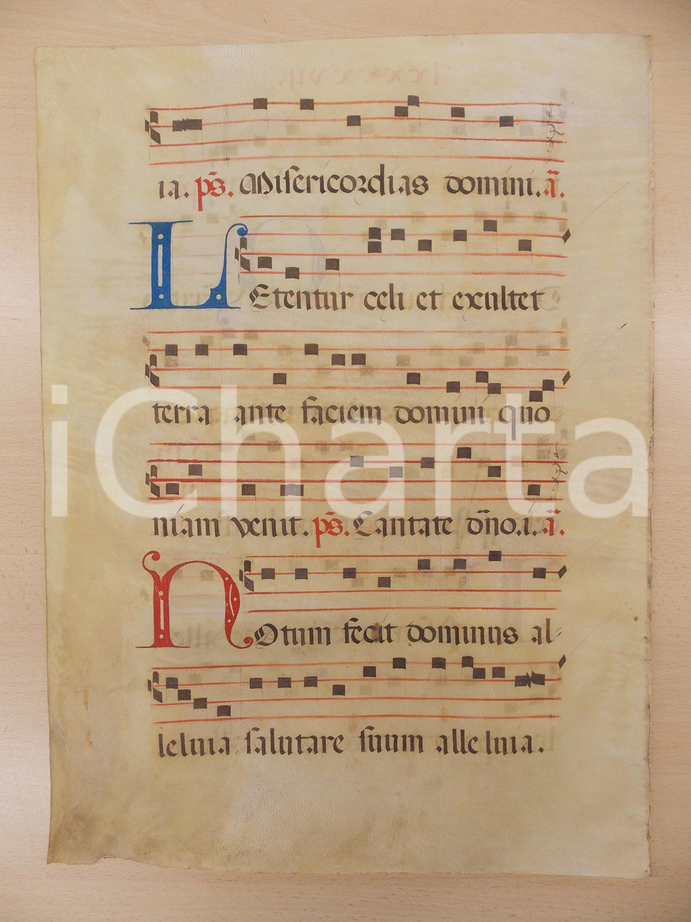 Libro, pubblicazione d epoca 1600 ca ANTIFONARIO ROMANO Pergamena manoscritta rosso nero blu Salmo LAETENTUR 1