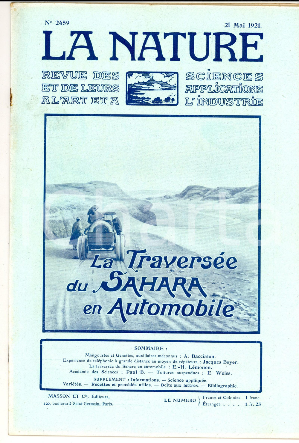 Giornale, rivista storica 1921 LA NATURE La traversÃ©e du SAHARA en automobile Revue ILLUSTREE nÂ° 2459 1