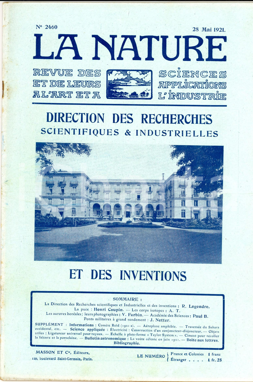 Giornale, rivista storica 1921 LA NATURE Direction des Recherches scientifiques Revue ILLUSTREE nÂ° 2460 1