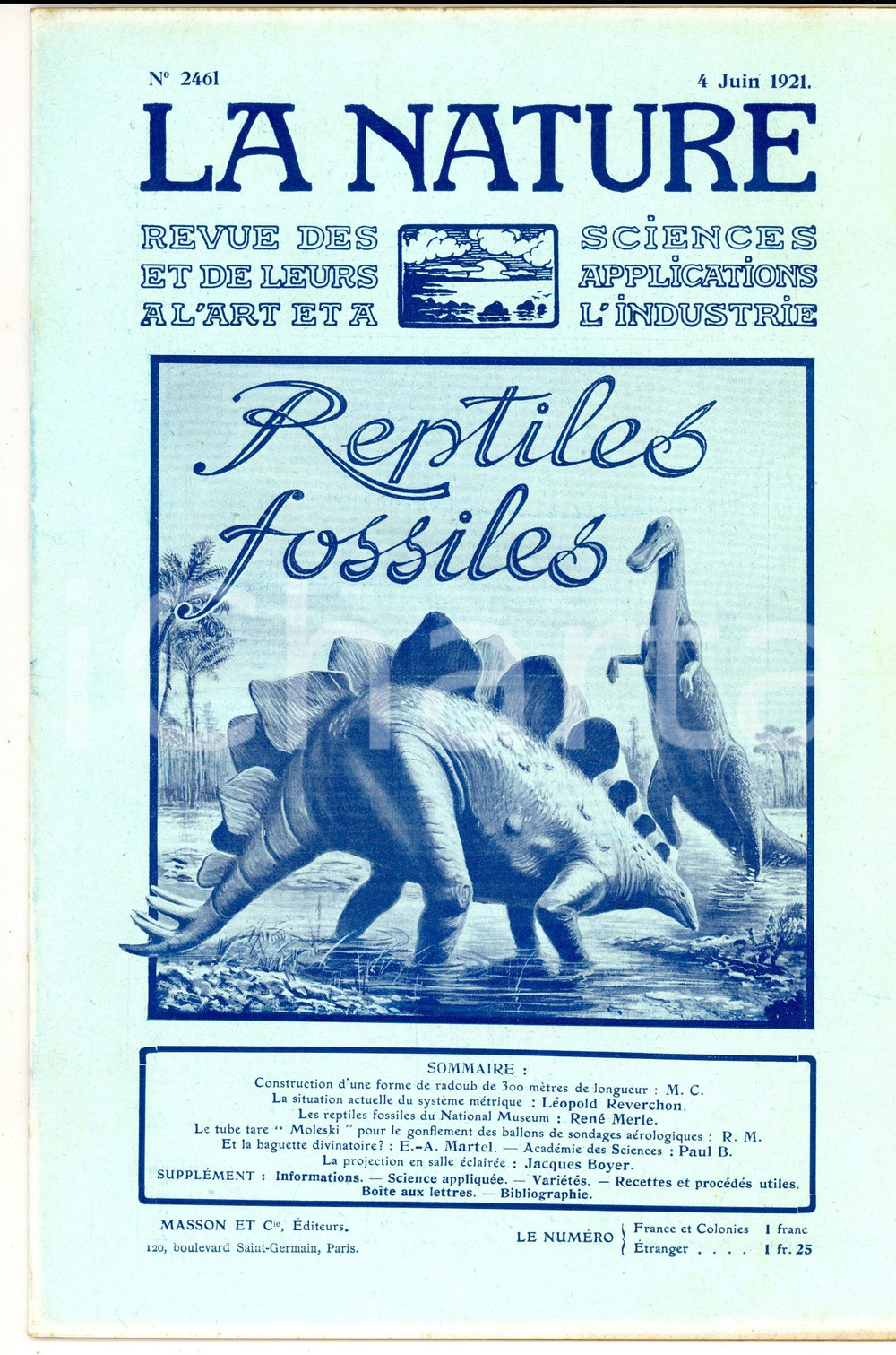 Giornale, rivista storica 1921 LA NATURE Reptiles fossiles du National Museum Revue ILLUSTREE nÂ° 2461 1