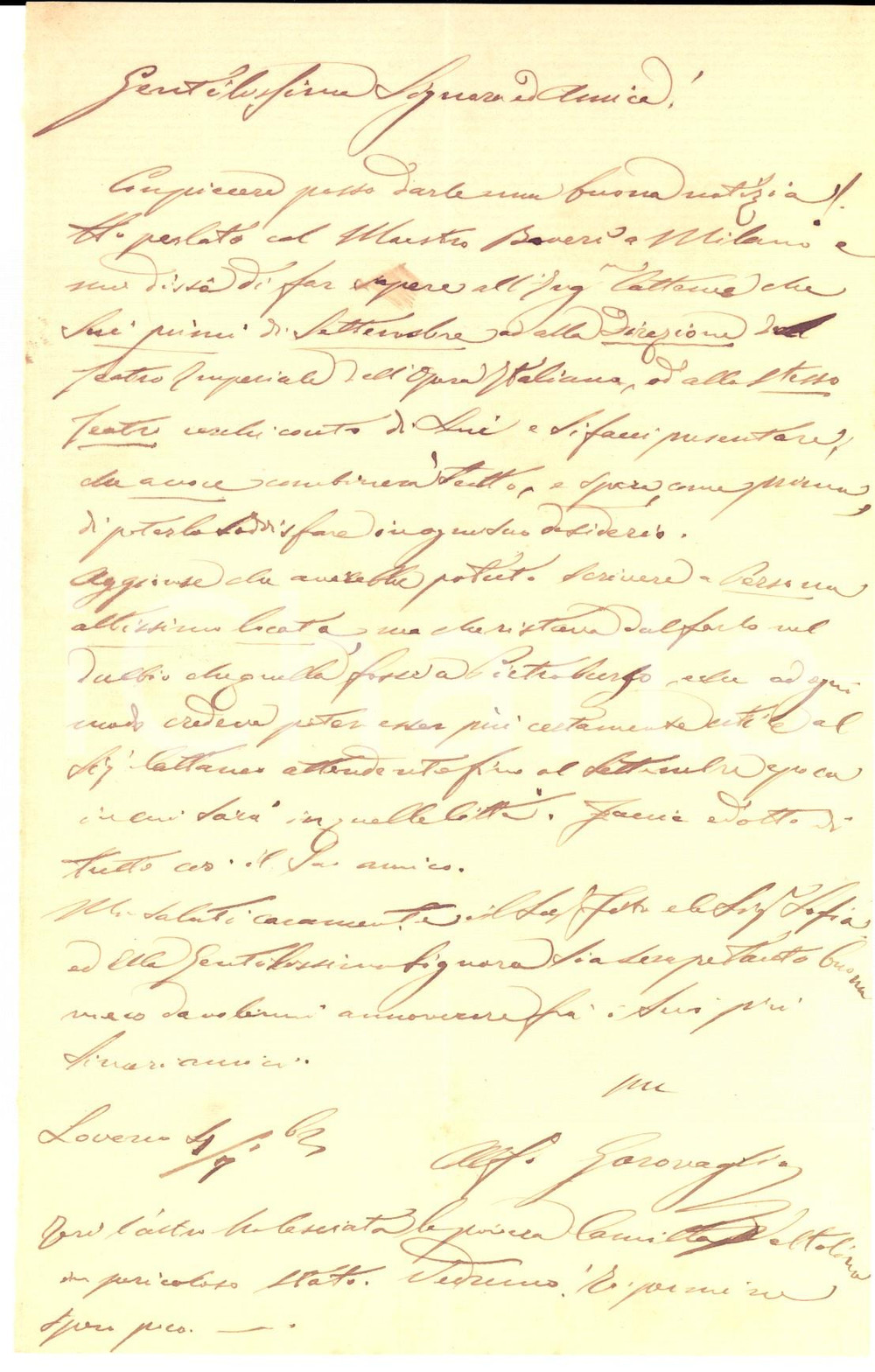 Manoscritto, lettera originale 1870 ca PAISCO LOVENO Alfonso GAROVAGLIA raccomanda un amica al Teatro Imperiale 1