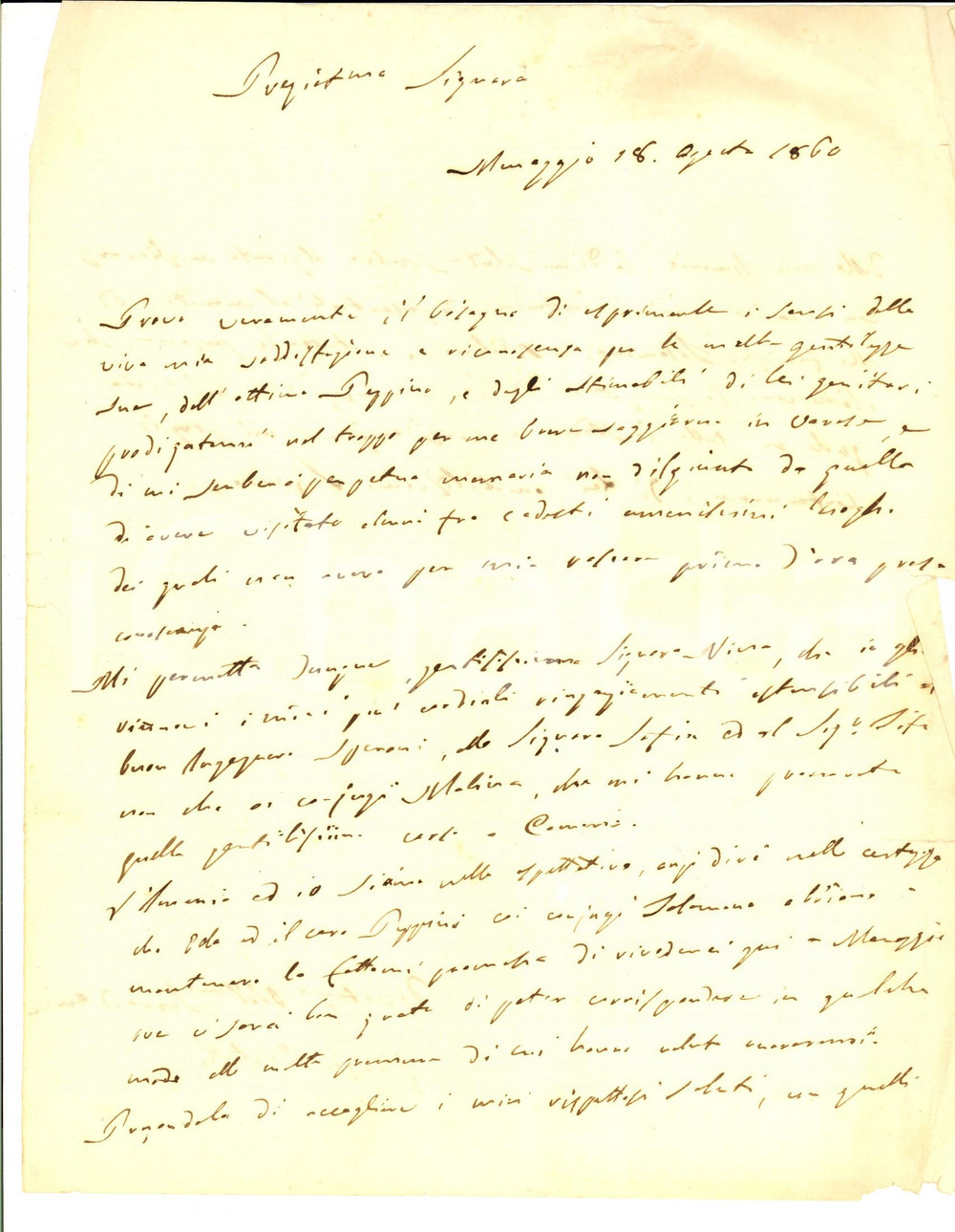 Manoscritto, lettera originale 1860 MENAGGIO CO Giorgio CASTOLDI ringrazia per l ospitalitÃ  ricevuta Lettera 1