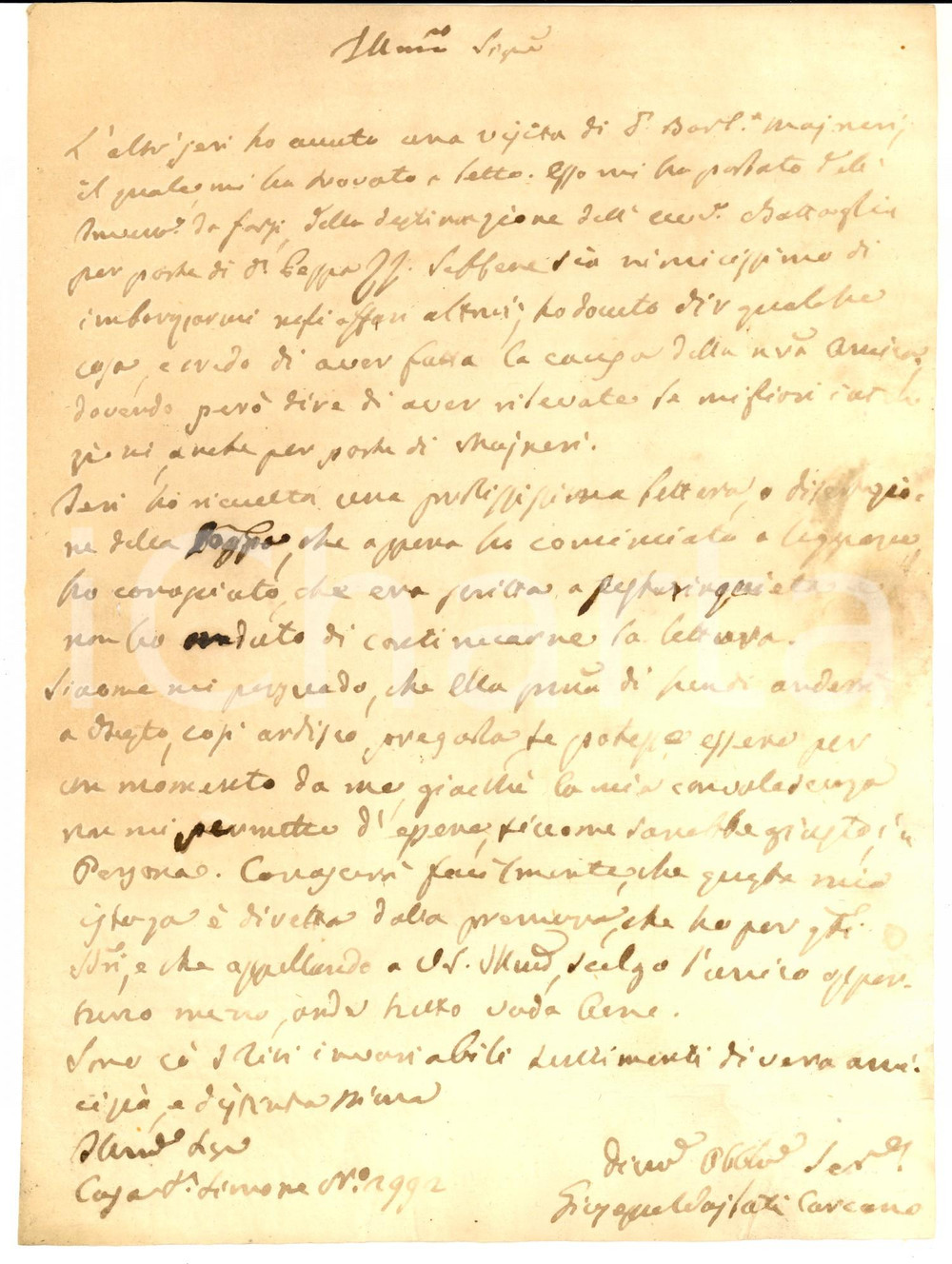 Manoscritto, lettera originale 1750 ca BERGAMO Notaio Giuseppe VAILATICARCANO riceve una visita notturna 1