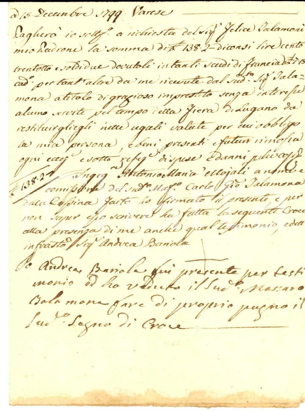 Documento originale, autentico 1799 VARESE Prestito Felice TALAMONI a un massaro per la Fiera di Lugano 1